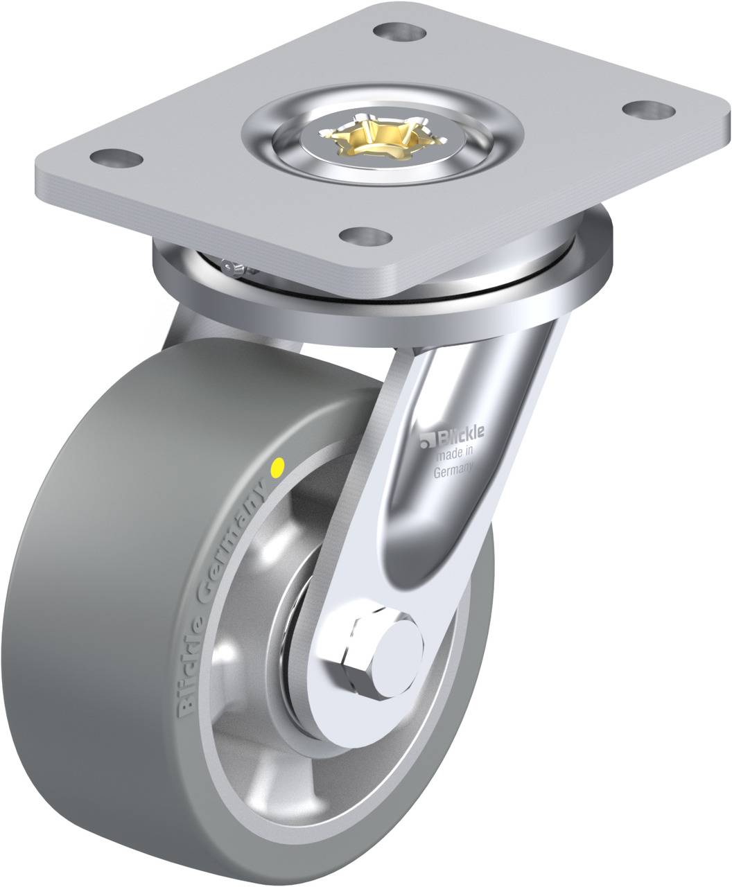 Graue, drehbare Lenkrolle mit Aluminium-Gleitlager, rechteckiger Befestigungsplatte und Kunststoffrad, für Transportwagen geeignet.