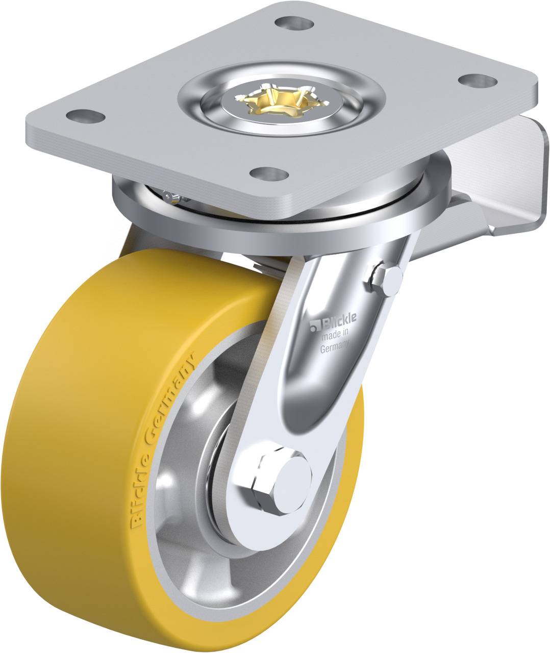 Industrie-Rolle mit gelbem Rad, Metallhalterung und drehbarer Befestigungsplatte; für Transportgeräte oder Maschinen geeignet.