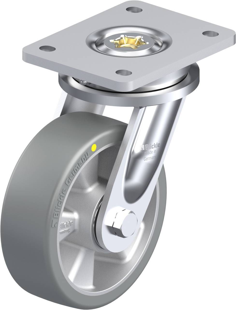 Ein graues Lenkrolle mit Metallhalterung und quadratischer Platte, geeignet für schwere Lasten. Modellname eingeprägt an der Seite.