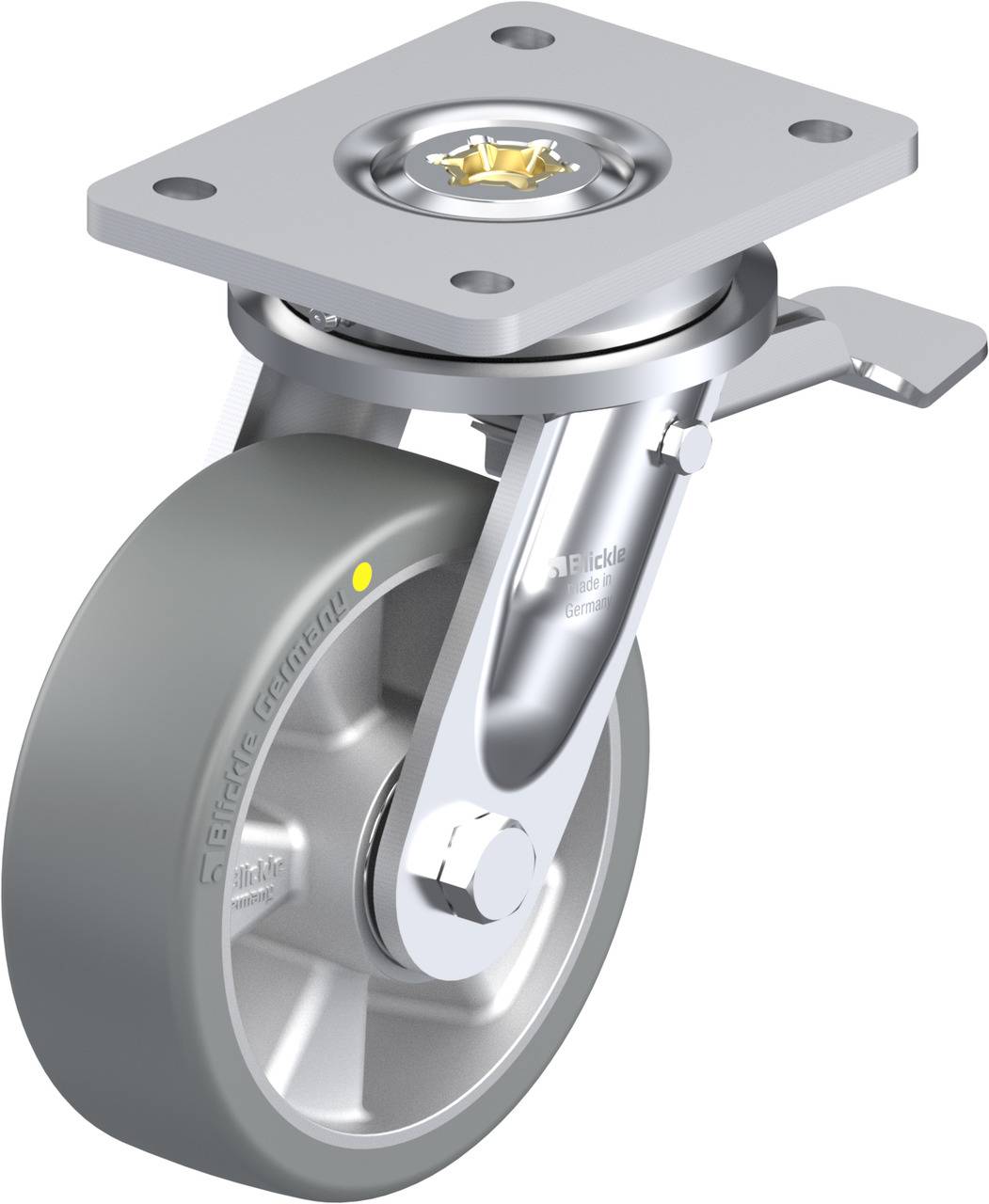 Drehräder aus Metall mit Bremse und grauem Gummireifen, geeignet für schwere Lasten. Ideal zur Befestigung an Möbeln oder Transportgeräten.
