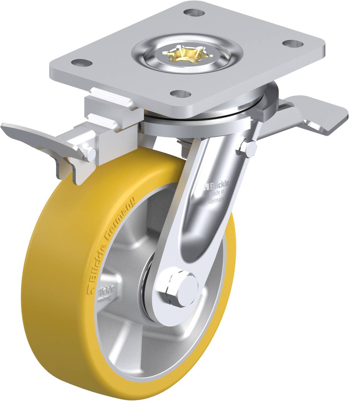 Industrie-Lenkrolle mit gelbem Rad und Metallgehäuse. Enthält ein Bremssystem und eine Montageplatte. Geeignet für schwere Lasten.