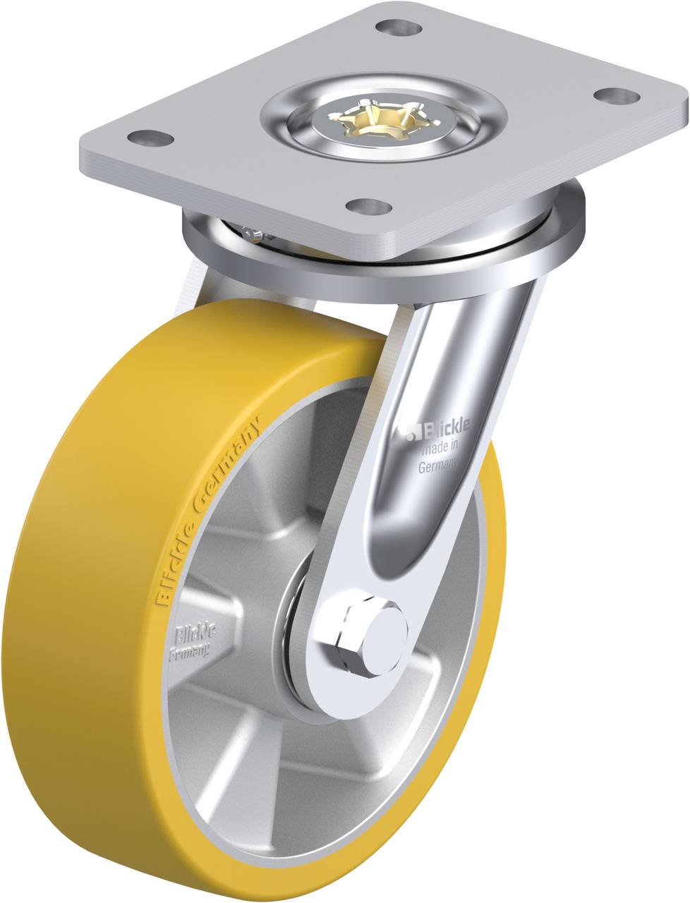Lenkrolle mit gelbem Polyurethanrad und silberner Befestigungsplatte. Geeignet für industrielle Anwendungen.