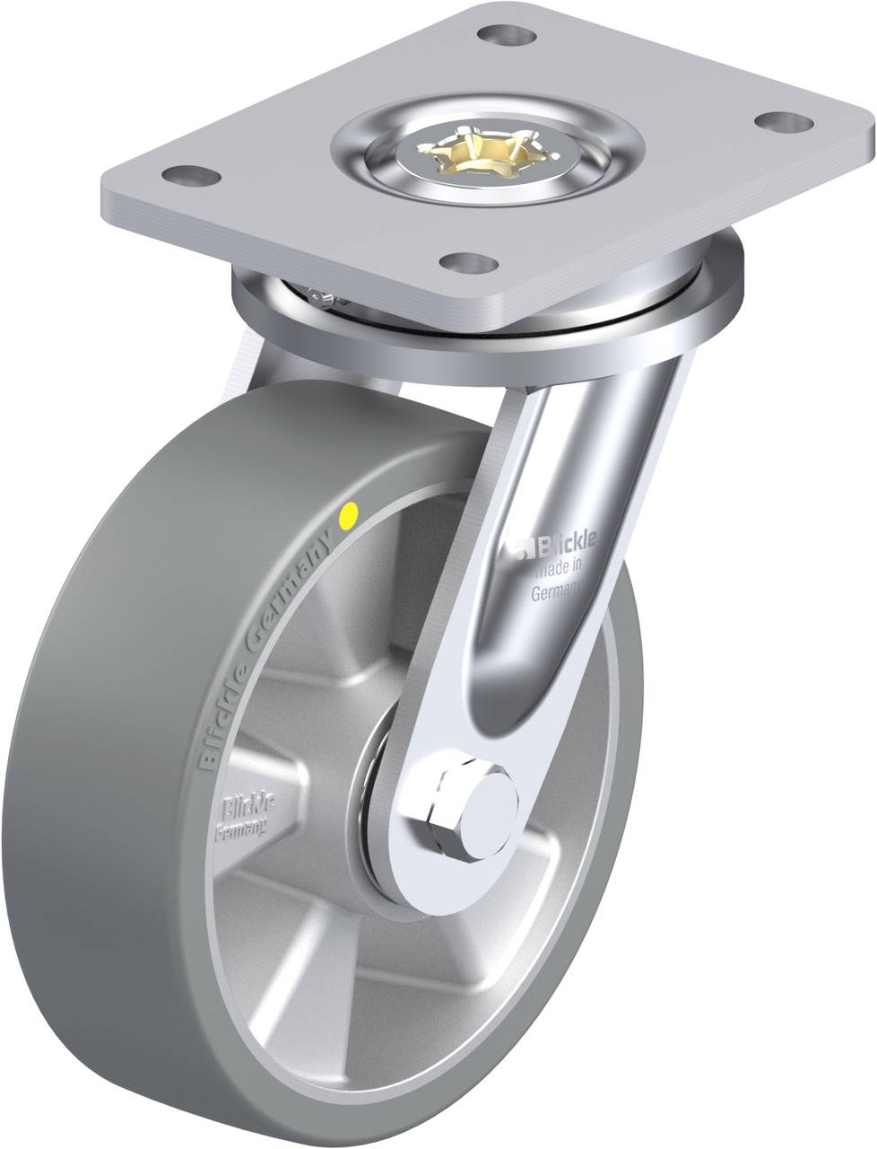 Industrie-Rollenrad mit Edelstahlgehäuse und Befestigungsplatte, geeignet für Möbel oder Transportgeräte auf glatten Oberflächen.