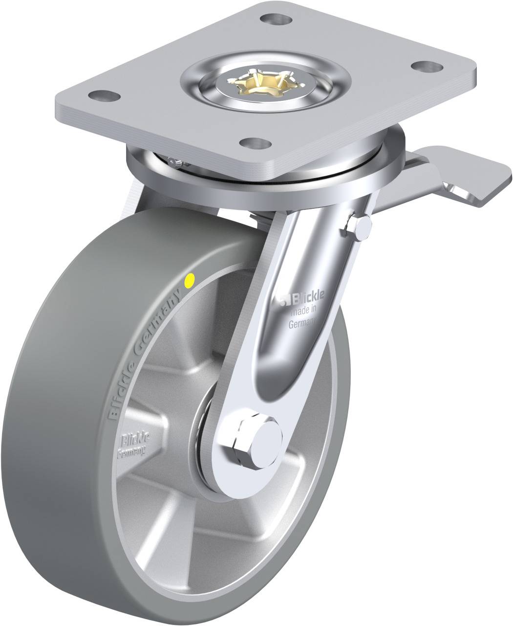 Schwenkrolle mit grauem Rad und Metallgehäuse; integrierte Feststellbremse oben, geeignet für industrielle Anwendungen.