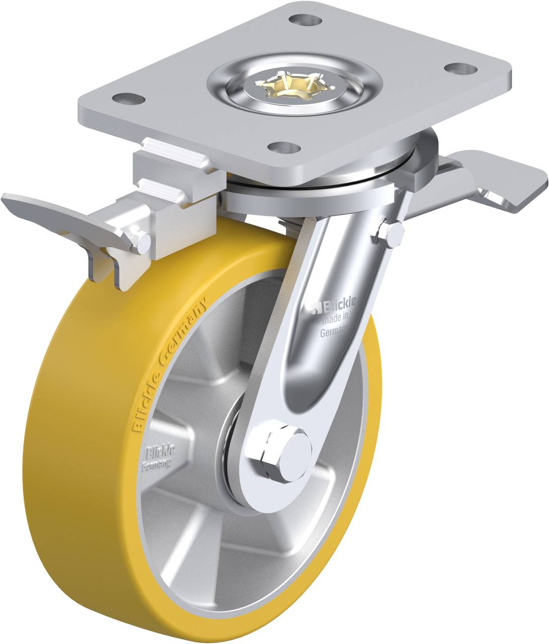 Drehbares Gehäuse-Rad mit gelbem Reifen und Metallhalterung, zeigt technisches Design mit Möglichkeit zur Montage an Möbeln oder Geräten.