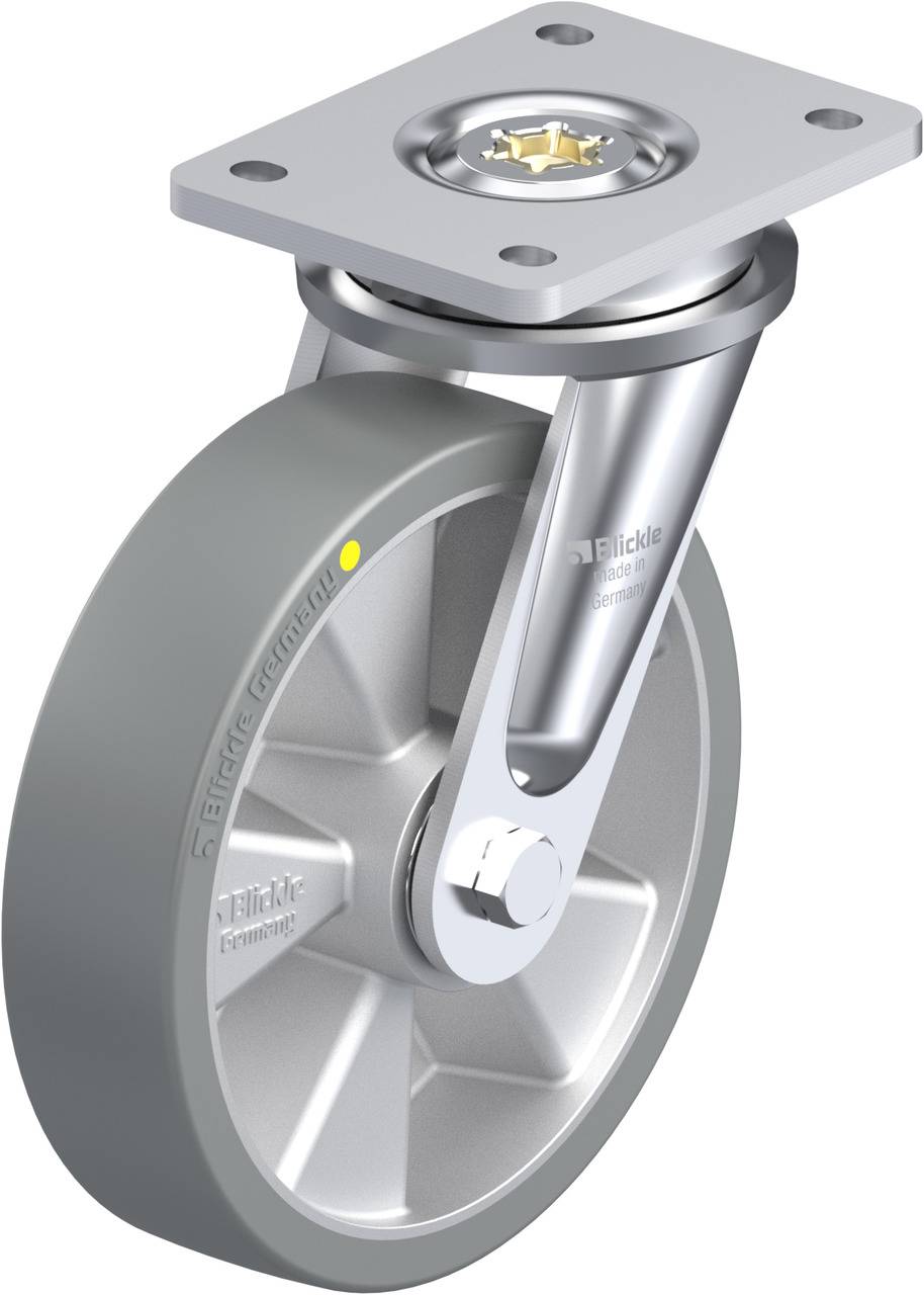 Industrielle Laufrolle mit grau-metallic Rad, drehbar gelagert, auf silbernem Gehäuse montiert. Hauptsächlich für Schwerlastanwendungen.