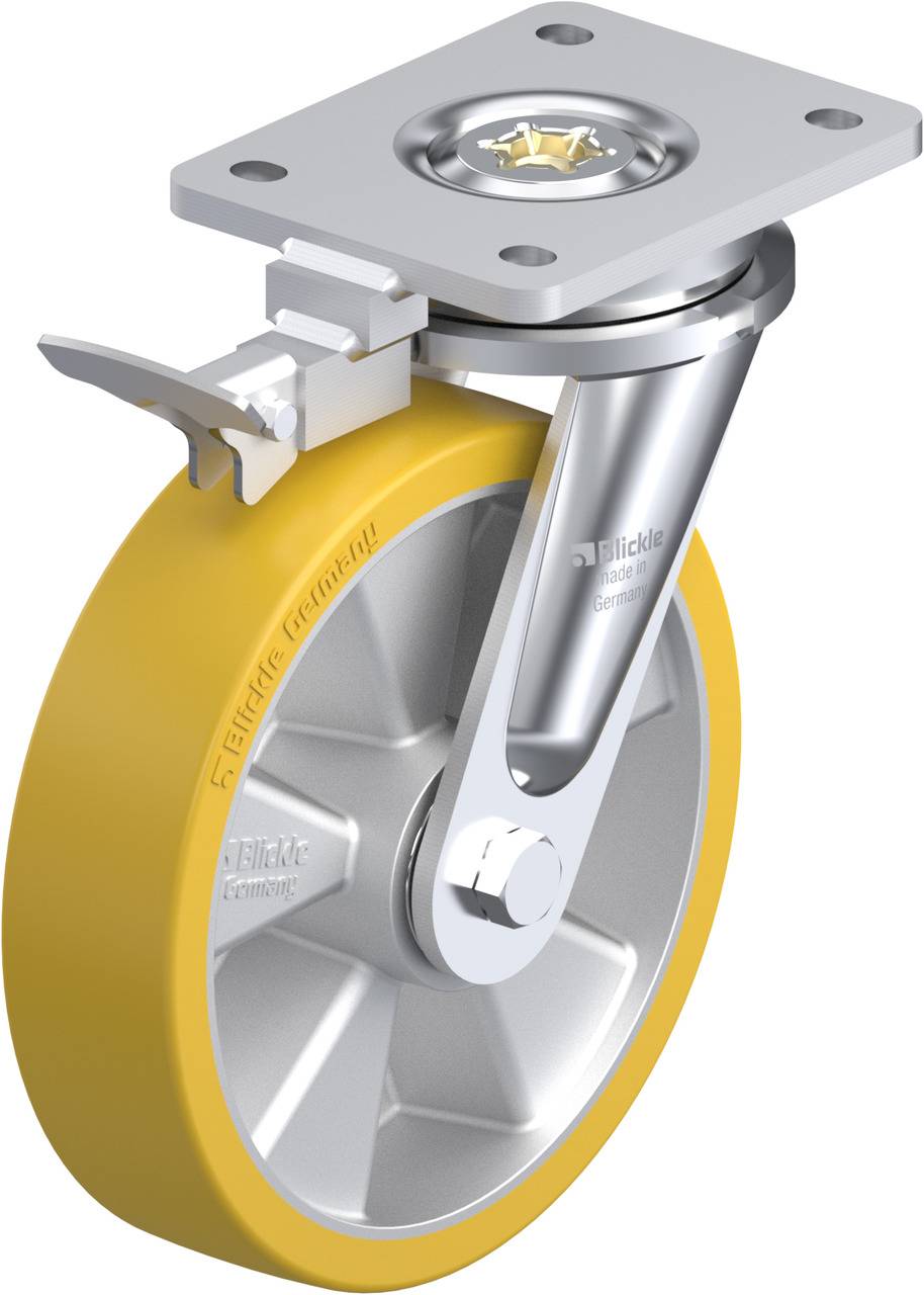 Drehbares Rad mit gelber Gummilauffläche und Metallhalterung, inklusive Verriegelungsmechanismus. Einsatz in Transportgeräten.