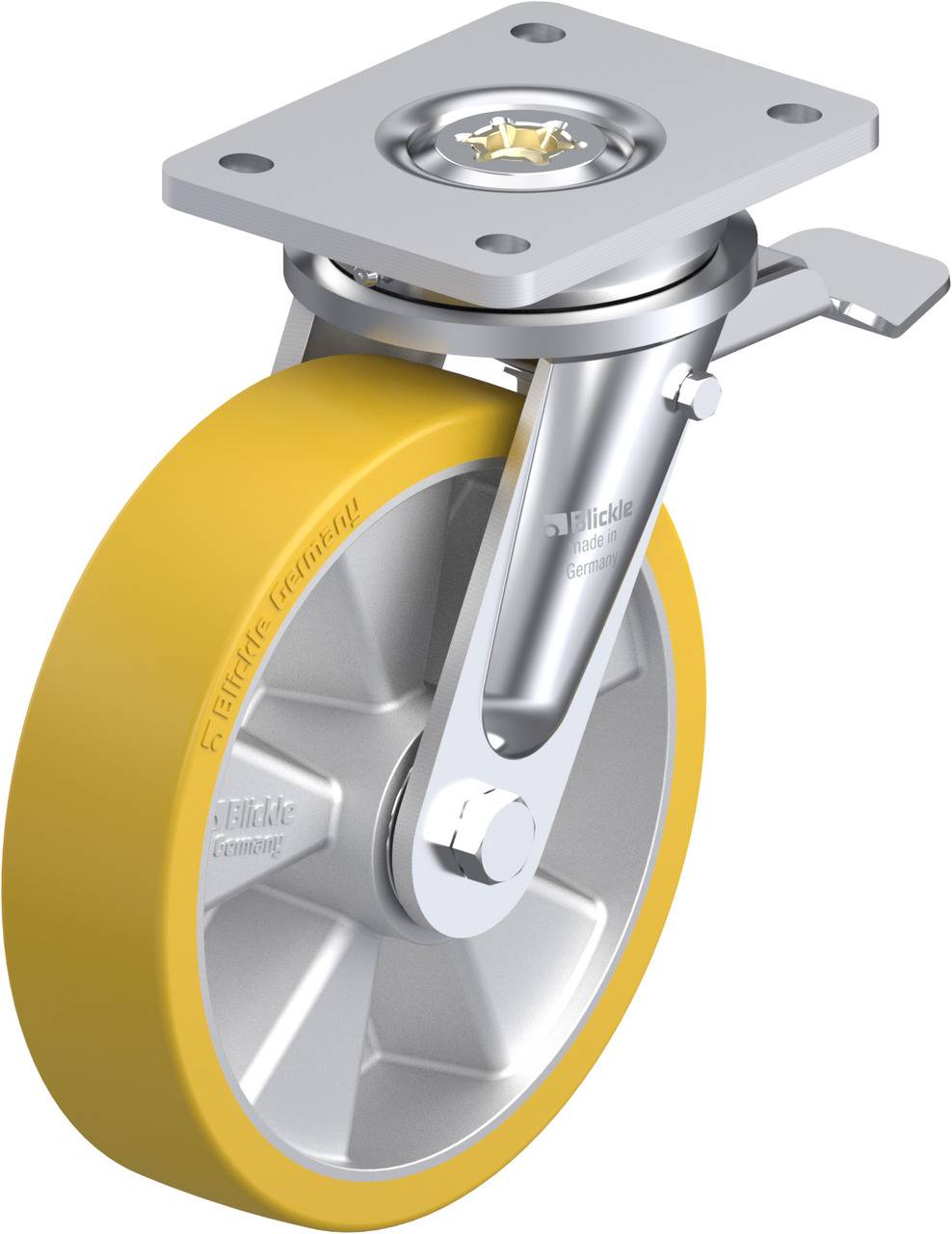 Ein Metall-Lenkrolle mit gelbem Rad und rechteckiger Montageplatte. Geeignet für Möbel und industrielle Anwendungen.