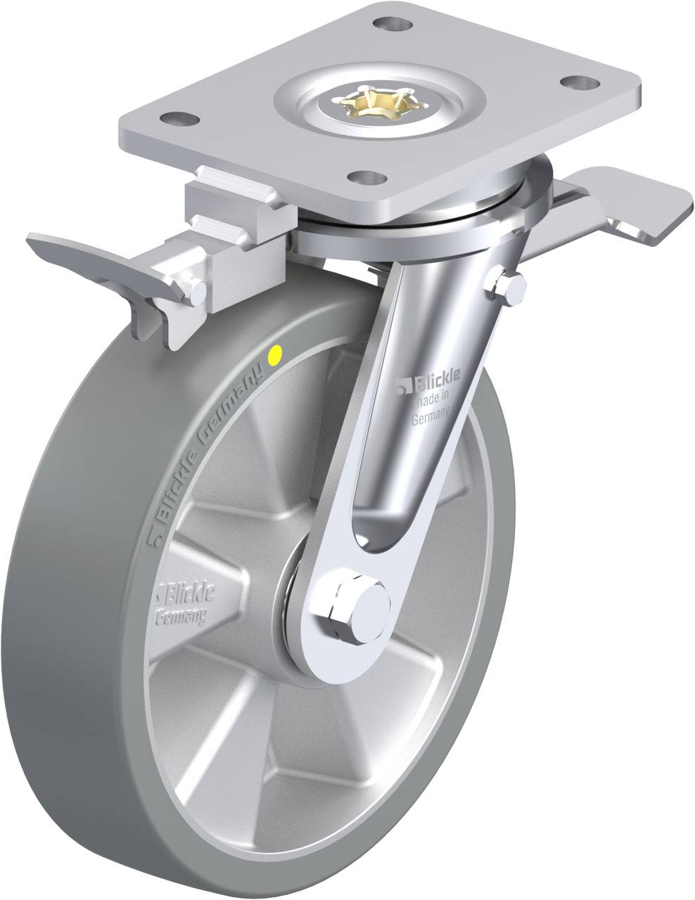 Graue Bockrolle mit Metallgehäuse und Befestigungsplatte für Schwerlastanwendungen. Sie zeigt eine Bremse und bietet Stabilität.