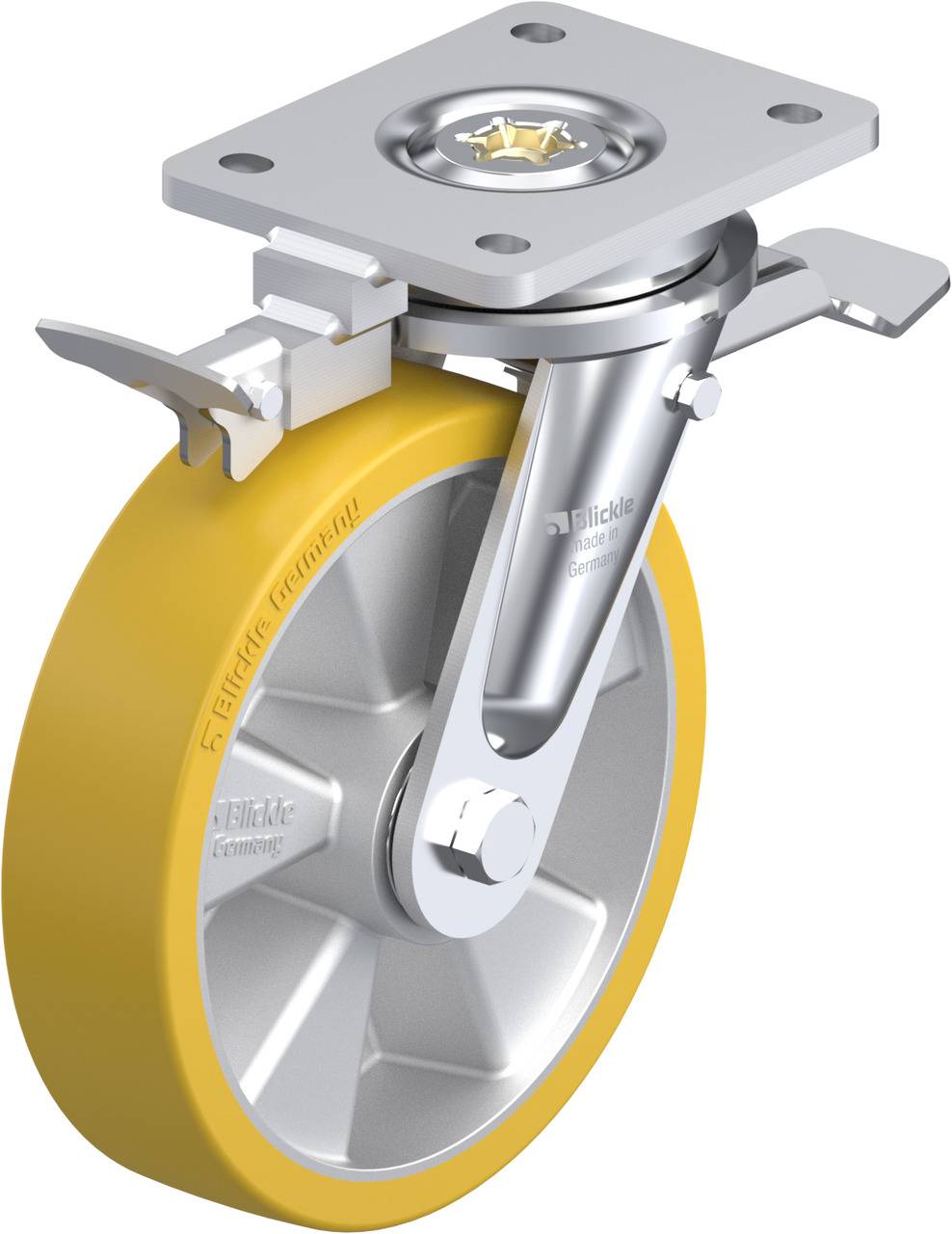 Die Abbildung zeigt ein lenkbares Rad mit gelbem Reifen und Metallhalterung, ausgestattet mit einer Bremse und Vorrichtung zur Befestigung an Möbeln.