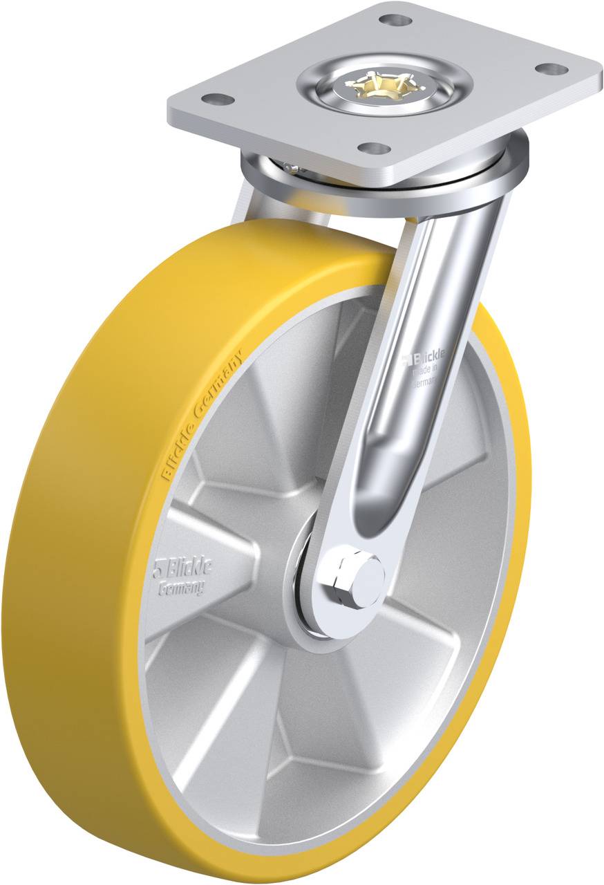 Industrierolle aus Metall mit gelbem Gummirad, geeignet für schwere Lasten. Obere Metallplatte zur Befestigung.