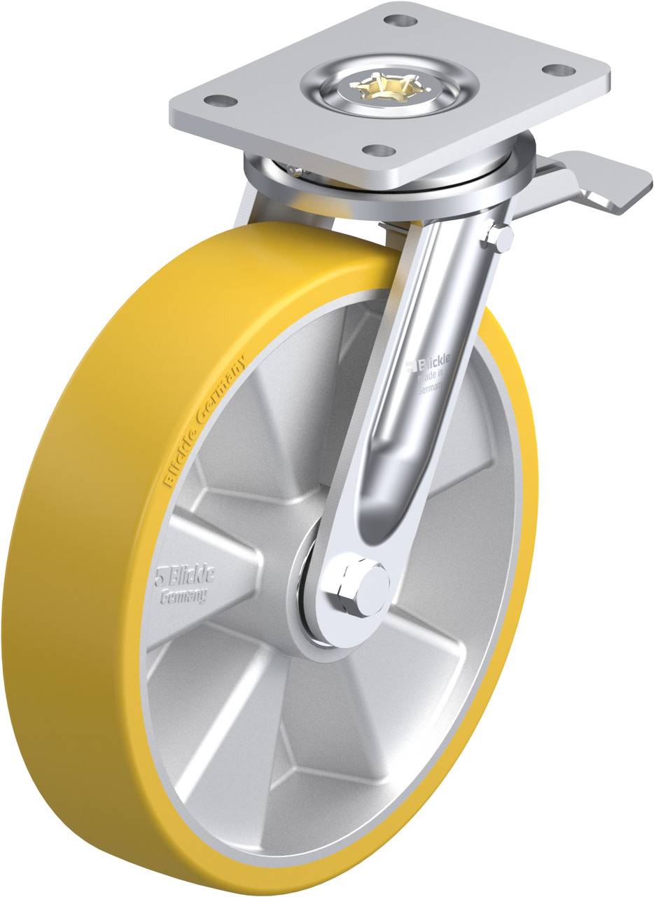 Industriefahrwerk mit gelbem Rad und Metallsockel, sorgt für stabilen Transport, kompatibel mit schweren Lasten in industriellen Umgebungen.