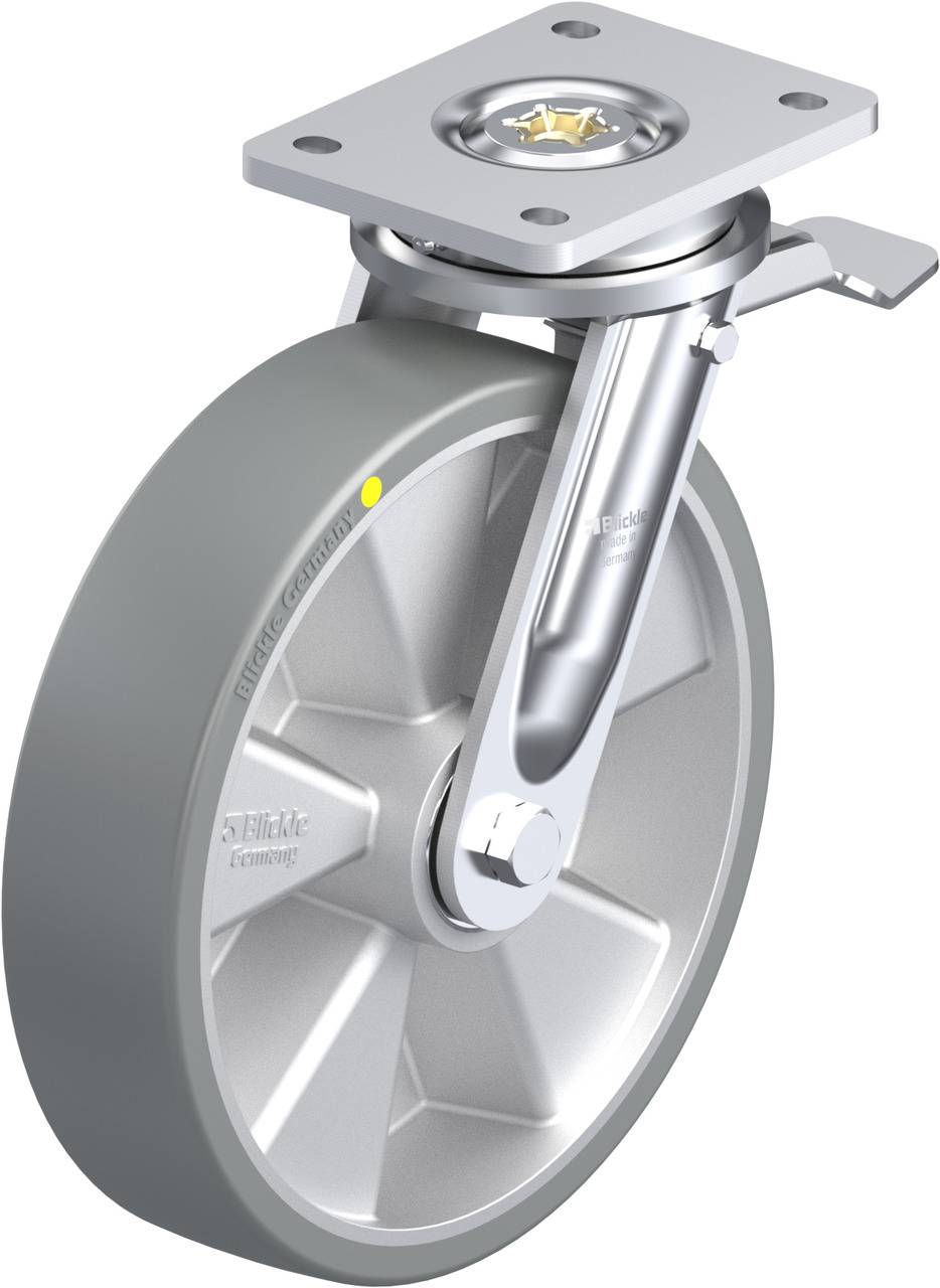 Lenkrolle mit grauem Rad und silberner Halterung, geeignet für schwere Lasten. Geeignet für industrielle Anwendungen.