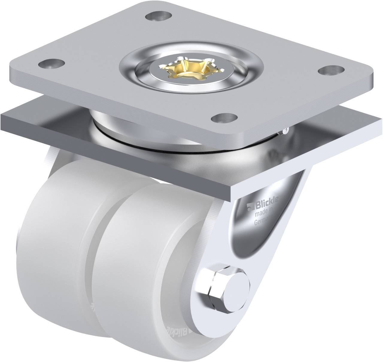 Doppelrolle mit Metallplatte, geeignet für Möbel oder industrielle Anwendungen. Silberne Farbe, robuste Bauweise.