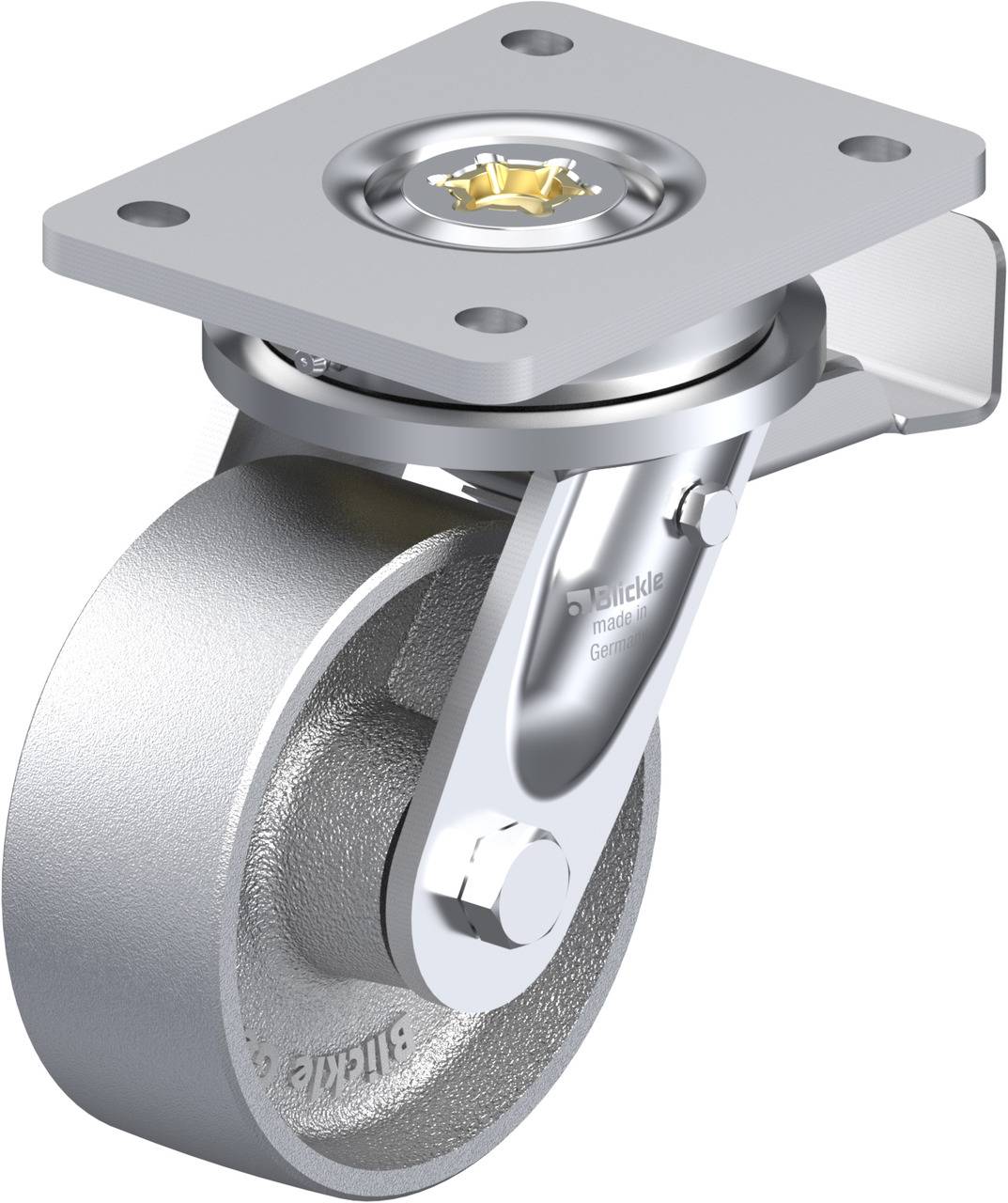 Graues Metall-Lenkrolle mit Befestigungsplatte, geeignet für schwere Möbel. Die Rolle ist stabil und verfügt über eine drehbare Befestigung.