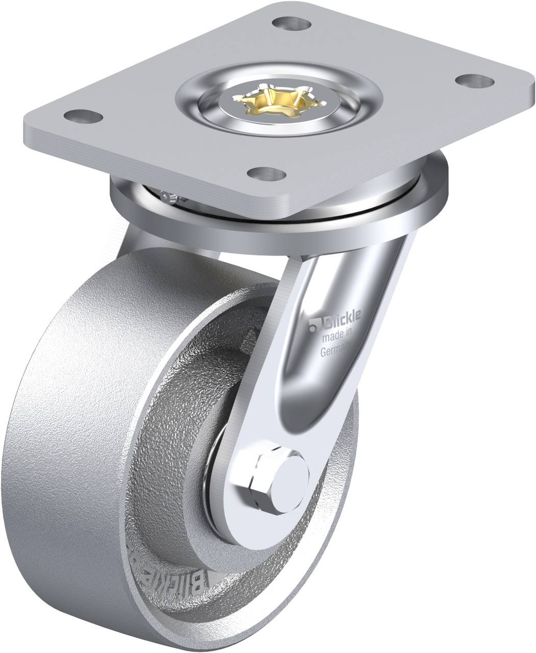 Metallisches Lenkrolle mit Befestigungsplatte, geeignet für industrielle Anwendungen. Zeigt robuste Konstruktion und drehbares Design.