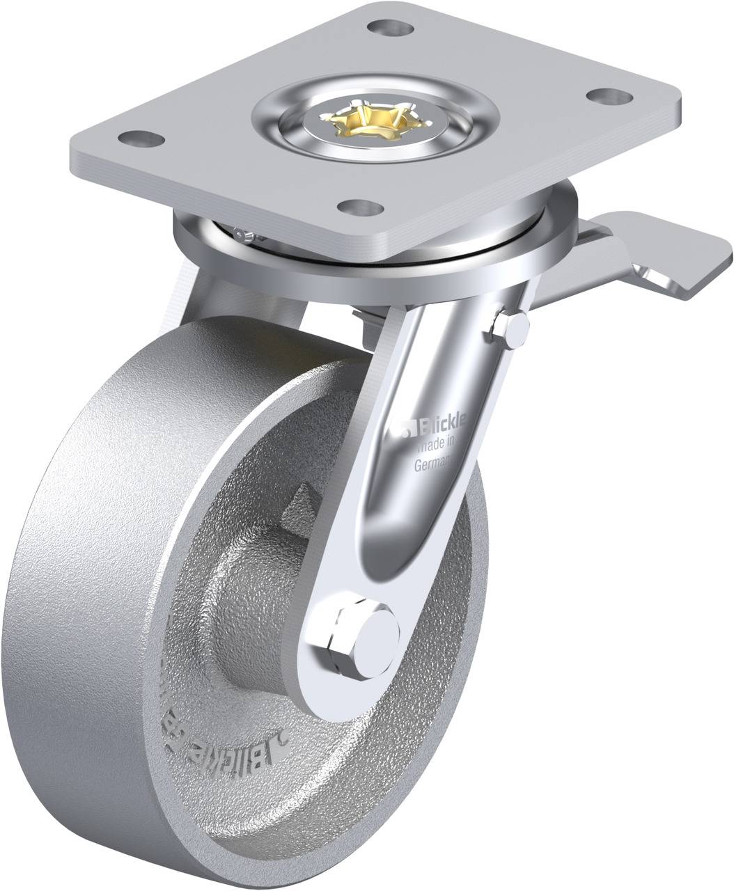 Industrie-Lenkrolle aus Metall mit Montageplatte und Bremse, geeignet für Schwerlastanwendungen in Produktions- oder Lagerumgebungen.