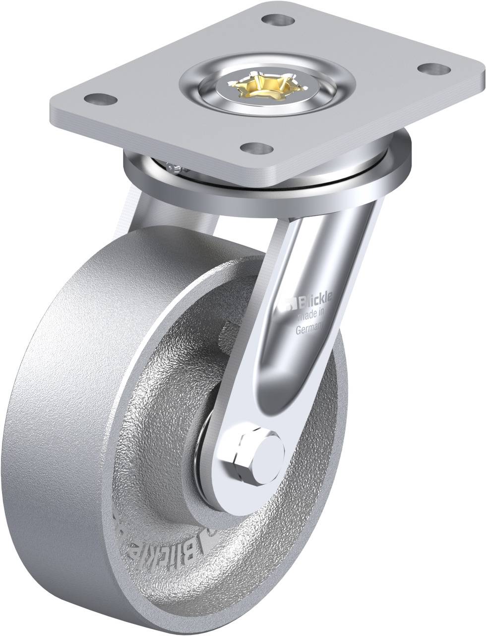 Industrie-Rollenrad mit quadratischer Montageplatte aus Metall, geeignet für schwere Lasten. Silberfarbig mit Befestigungselementen.