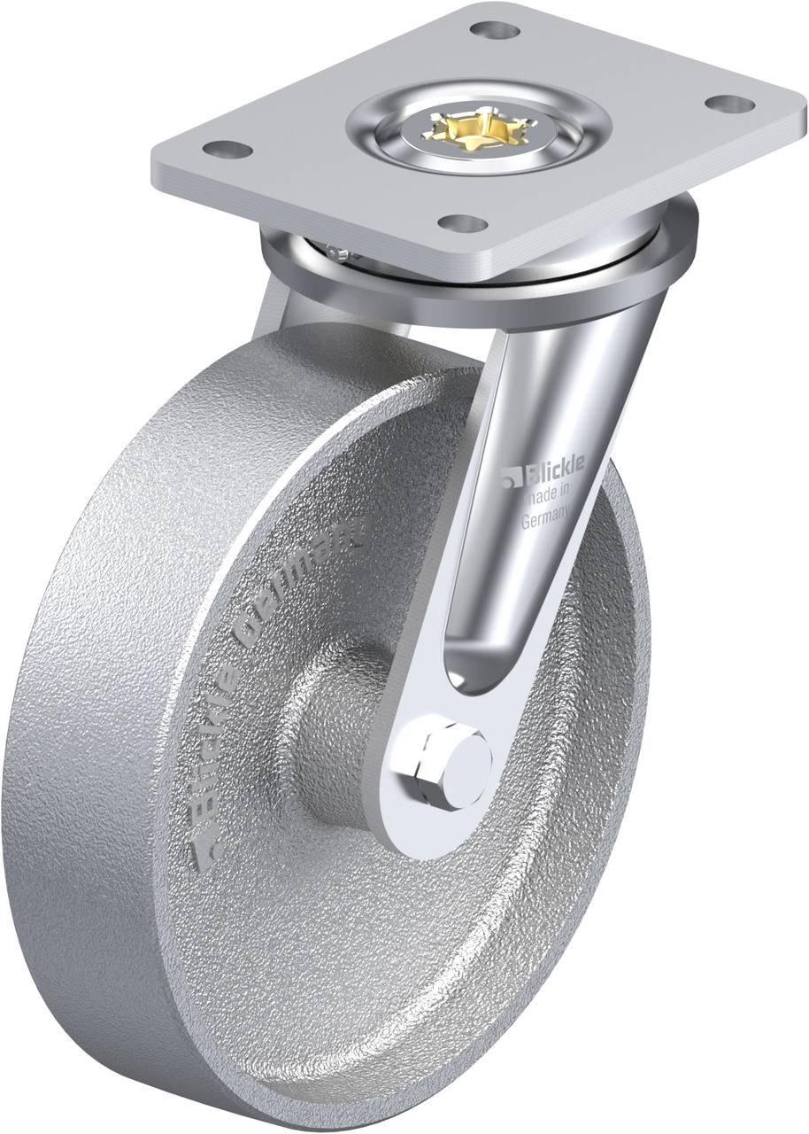 Industrie-Lenkrolle aus Metall mit flacher Montageplatte und verzinktem Gehäuse, geeignet für schwere Lasten.