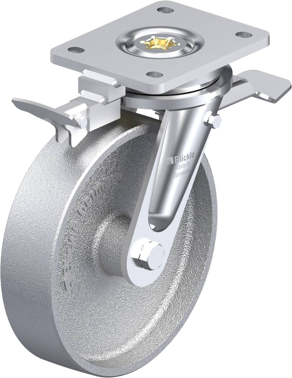 Schwenkrolle aus Metall, zeigt die Radhalterung und Drehmechanismus mit Montageschnittstelle. Geeignet für industrielle Anwendungen.