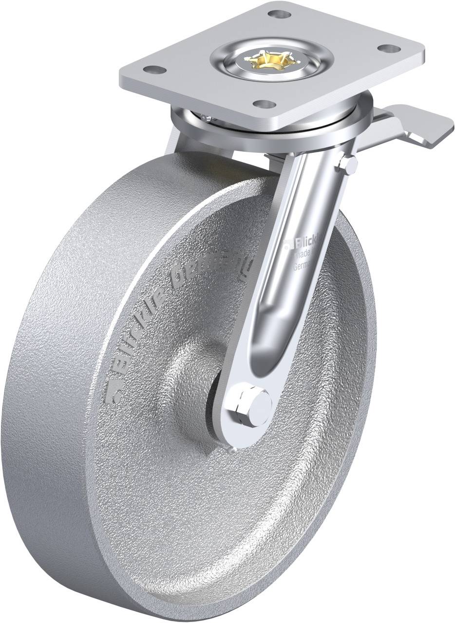 Schwenkrolle aus Metall mit Befestigungsplatte und Bremse. Geeignet für schwere Lasten in industriellen Anwendungen.