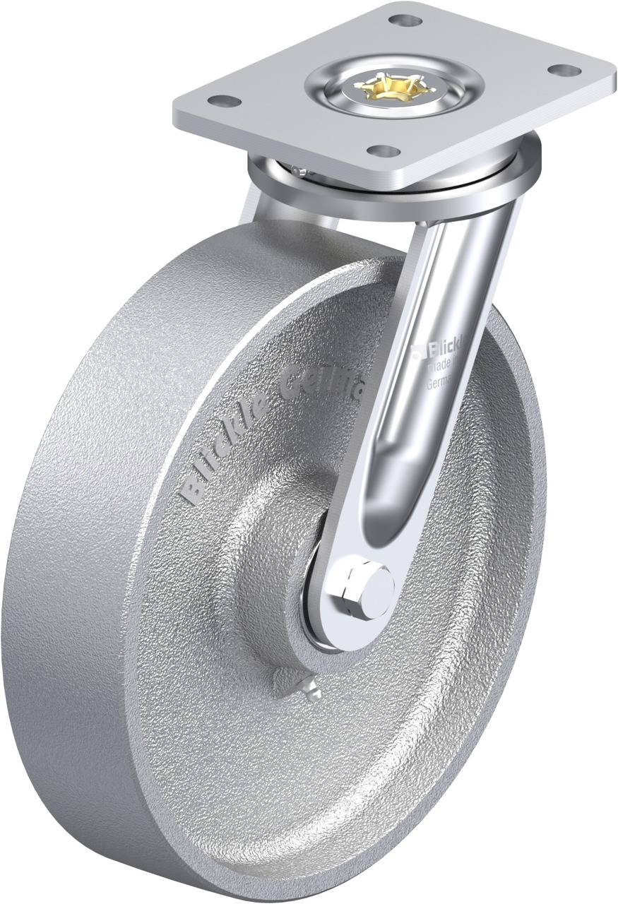 Einzelnes industrielles Lenkrollenrad aus Metall, geeignet für schwere Lasten, mit drehbarer Befestigungsplatte für einfache Bewegung.