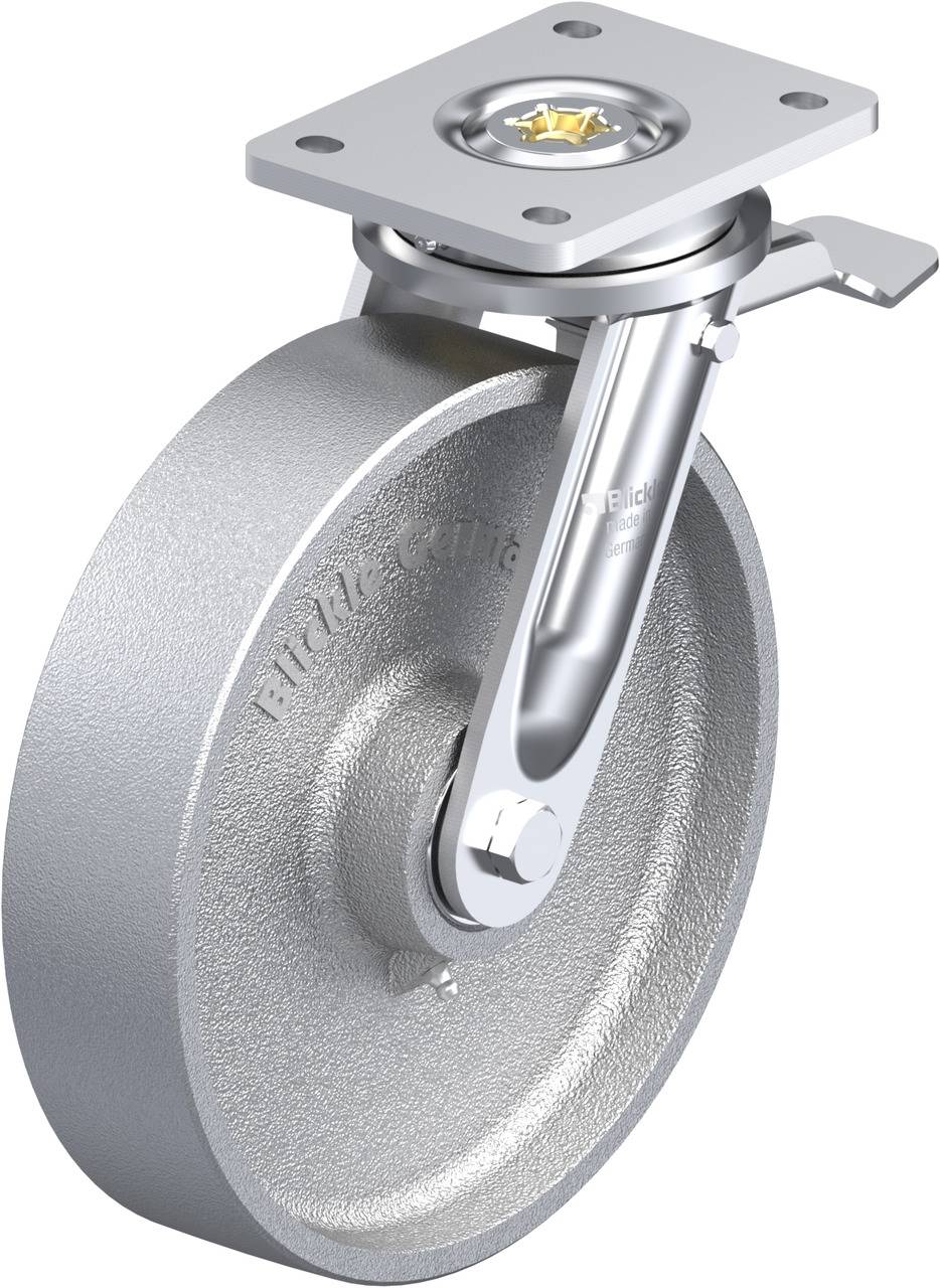 Schwenkrolle aus Metall mit Befestigungsplatte und Bremse, geeignet für schwere Lasten.