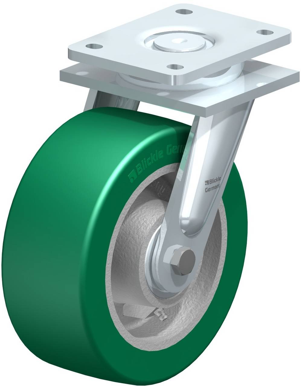 Ein grünes Laufrollenrad mit einer Metallhalterung, geeignet für schwere Lasten in Industrieumgebungen.