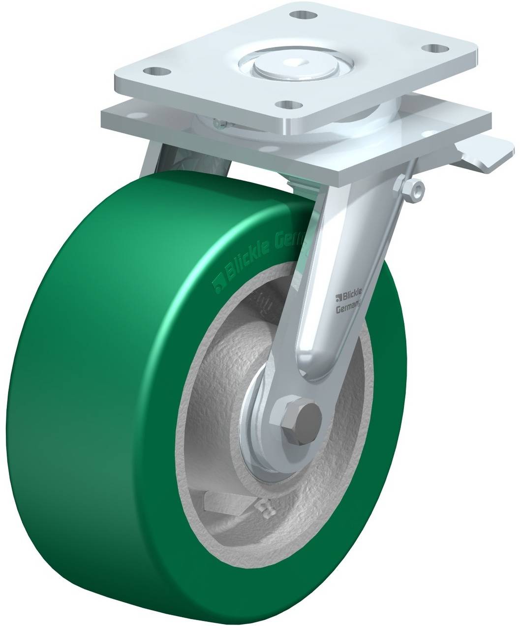 Industrie-Schwenkrolle mit grünem Rad und Metallhalterung, zeigt Detail der Konstruktion, geeignet für schwere Lasten und vielfältige Anwendungen.