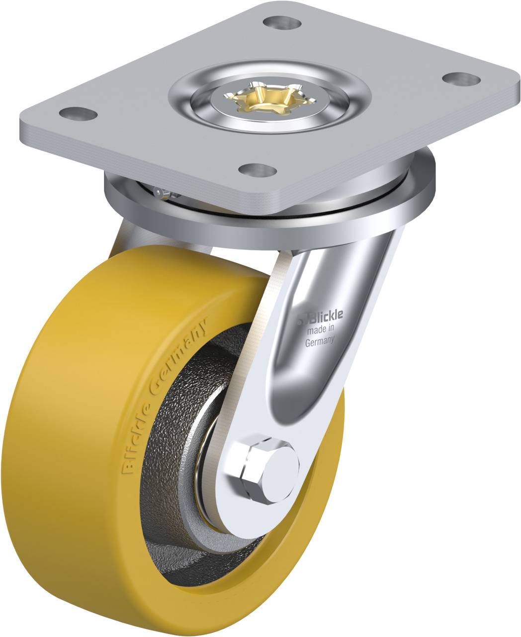 Industrie-Lenkrolle mit gelbem Rad und grauer Metallhalterung, entwickelt für schwere Lasten und Mobilität.