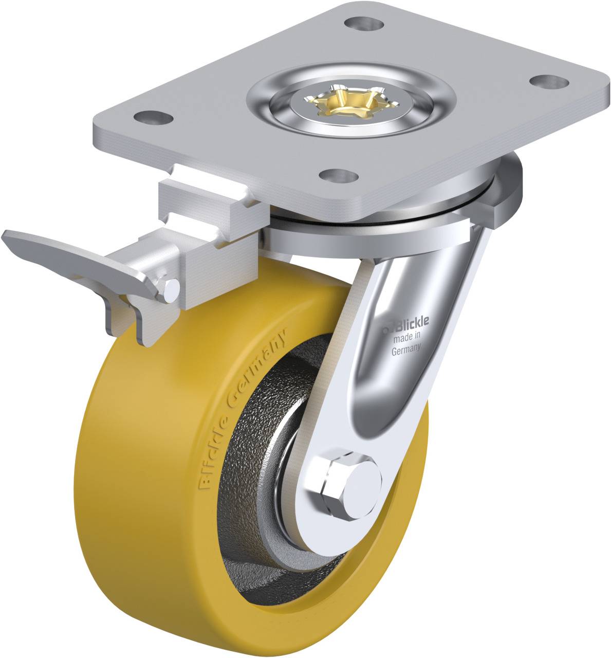 Ein drehbares Rollenrad mit gelbem Reifen und grauer Halterung. Geeignet für Möbel oder Geräte mit beweglichem Unterbau.