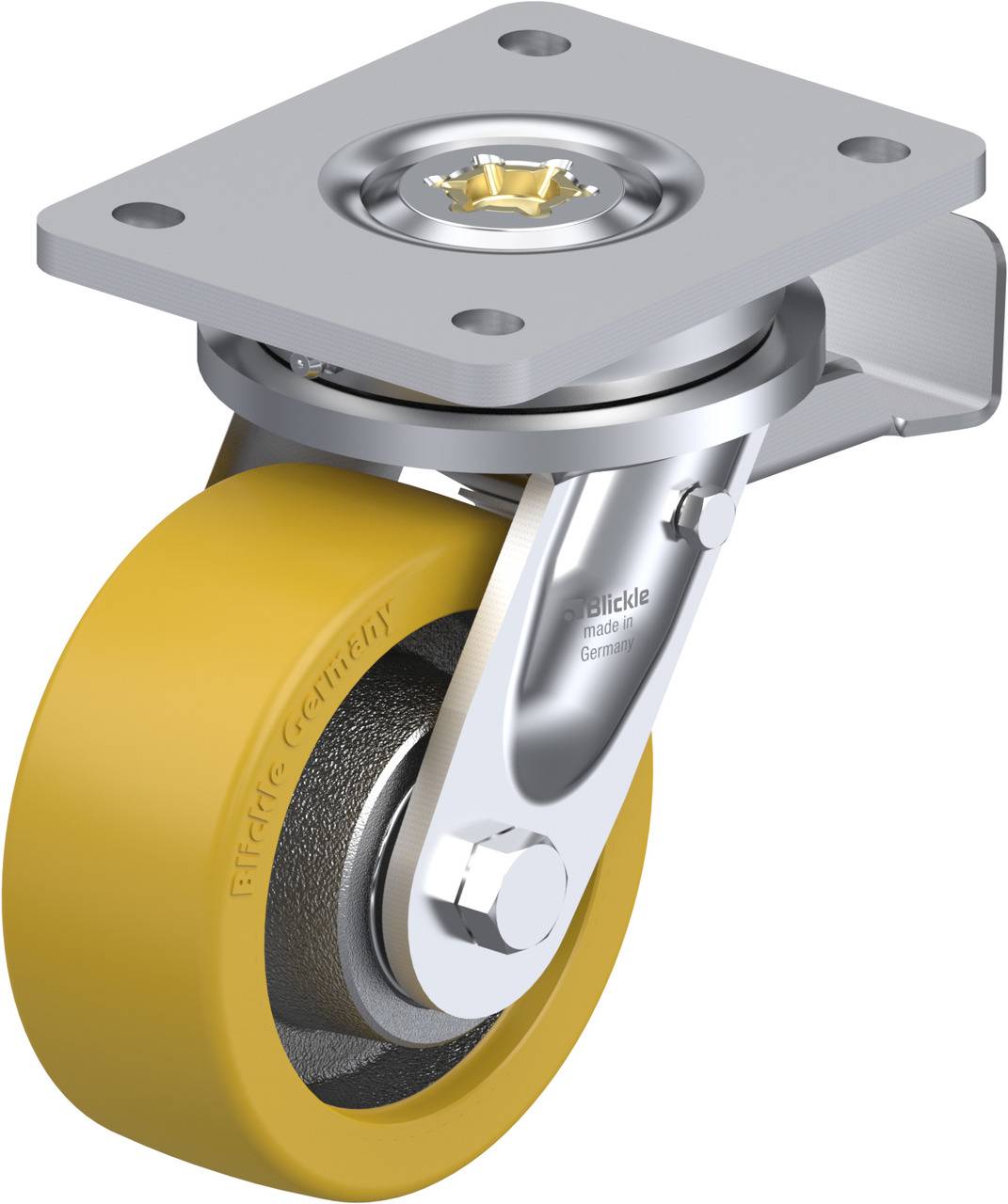 Industrie-Rolle mit gelbem Rad und silbernem Gehäuse, Drehgelenk oben. Geeignet für schwere Lasten.