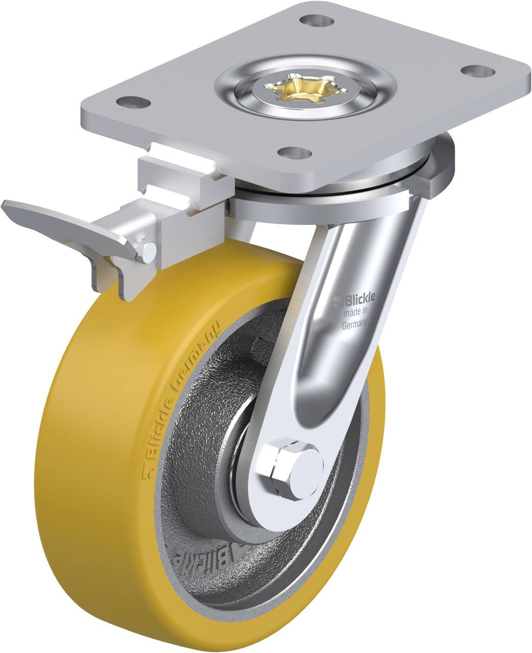 Schwenkbare Transportrolle mit gelbem Rad und grauer Platte, geeignet für Möbel oder Geräte. Zeigt eine Befestigungsplatte oben.