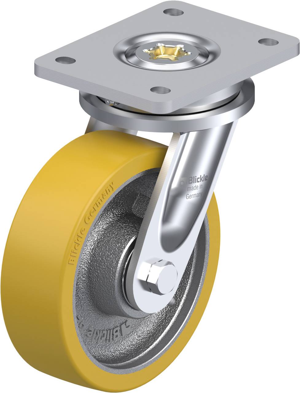 Schwenkrolle mit gelbem Rad und grauer Halterung für Möbel oder Industrieanwendungen. Drehscheibe für flexible Bewegung integriert.