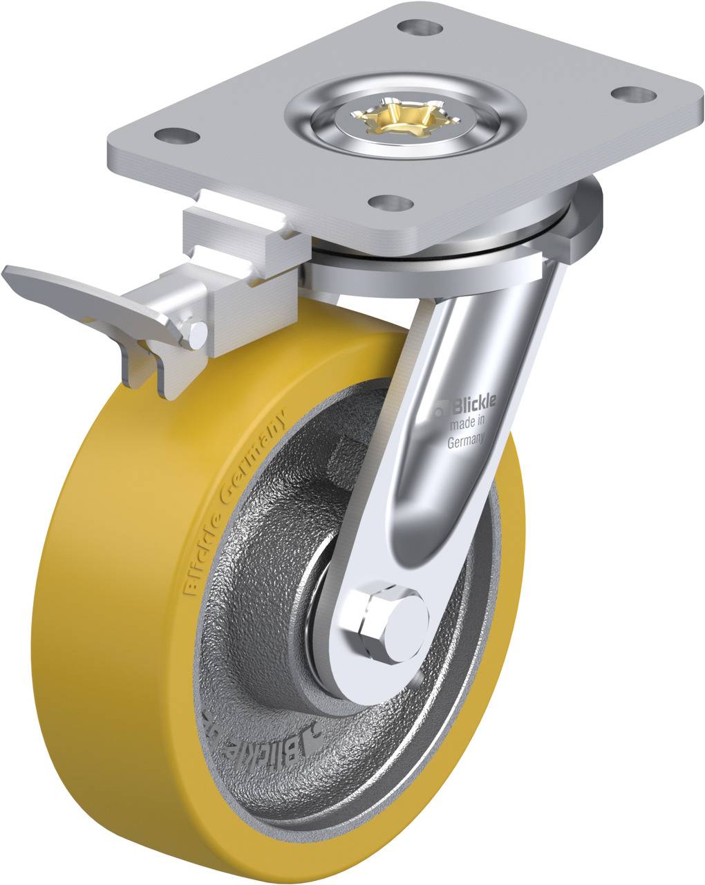 Schwenkrolle mit gelbem Rad und silbernem Halter. Metallplatte zur Befestigung oben, Hebel zur Verriegelung an der Seite.