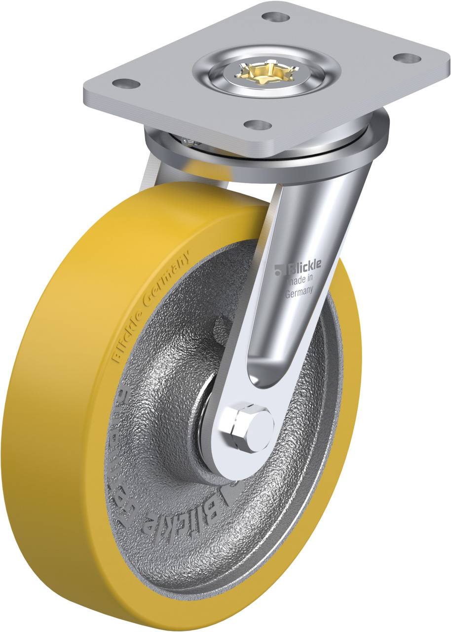 Ein industrielles Rad mit gelber Gummibereifung und silbernem Metallgehäuse, das mit einer Montageplatte versehen ist.