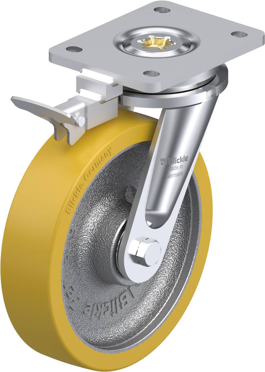 Industrierolle mit gelbem Rad und metallischem Gehäuse, zusätzlich eine Bremsvorrichtung an der Seite.