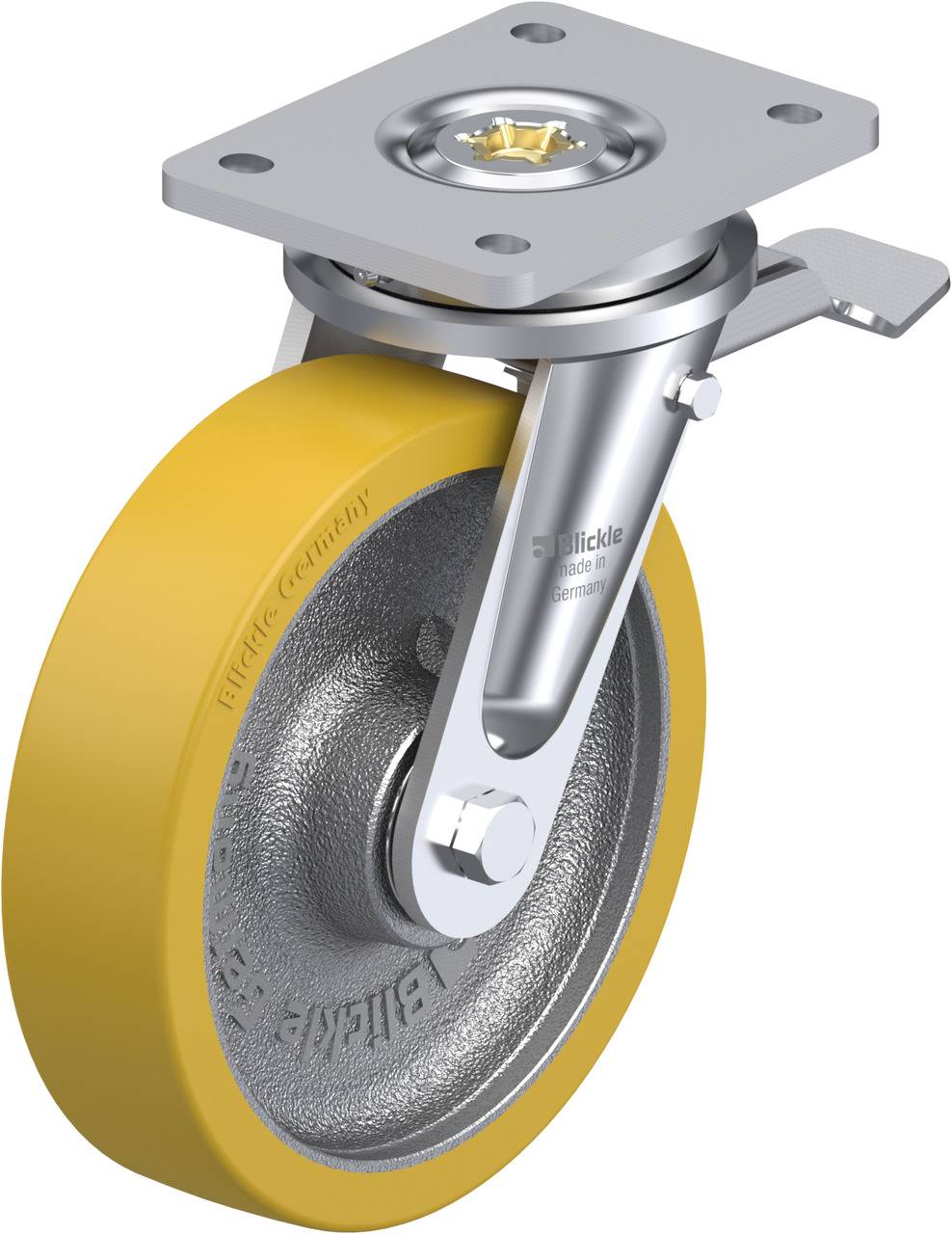 Gelbes Rollrad mit grauer Metallscheibe und Befestigungsplatte. Geeignet für industrielle Anwendungen, stabil und langlebig.