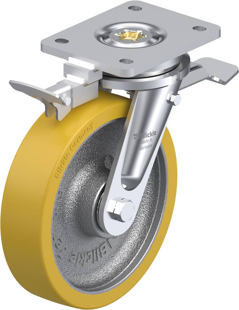 'Lenkrolle mit gelbem Rad, Metallrahmen und Bremsvorrichtung', ideal für den Einsatz in industriellen Anwendungen.