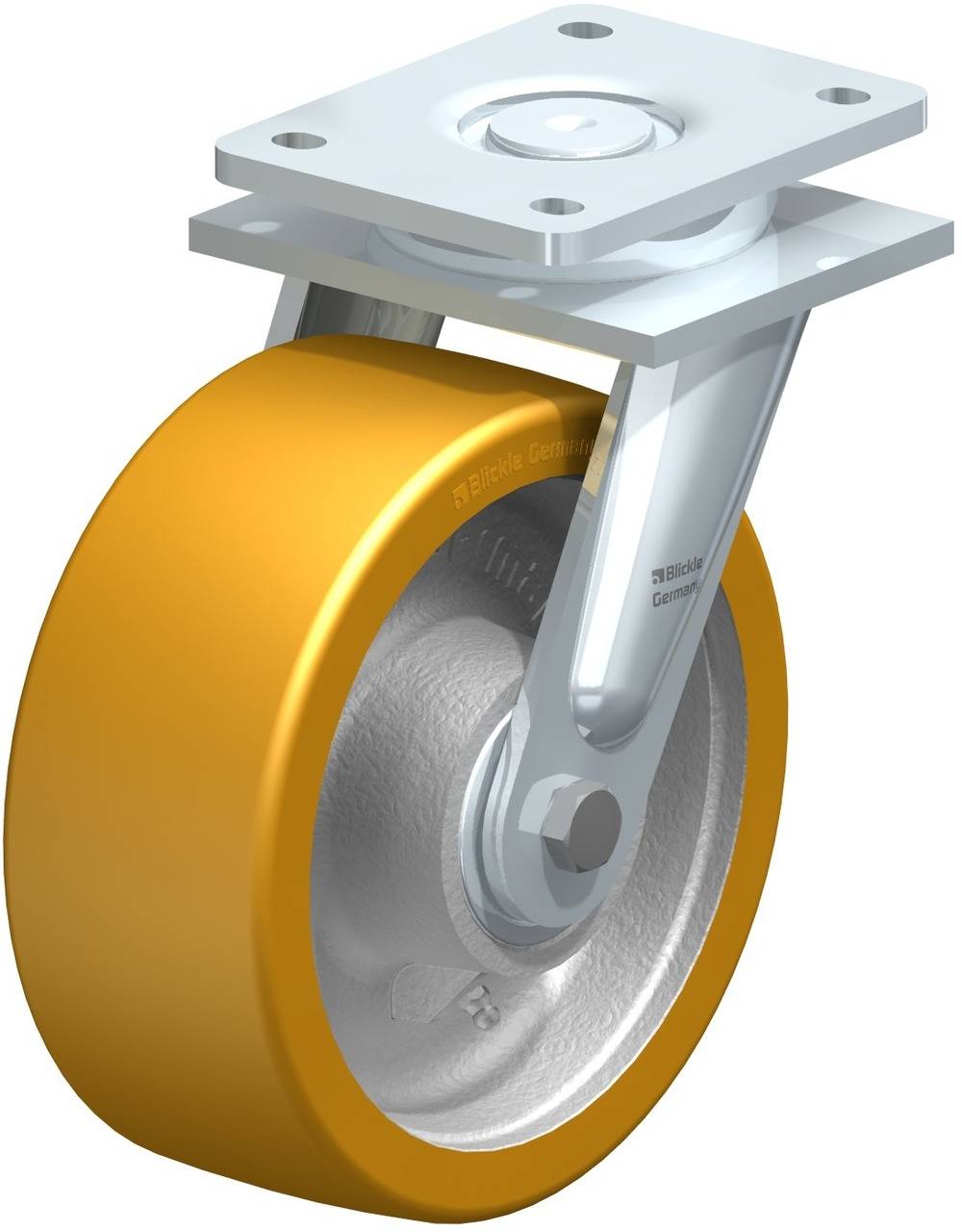 Industrie-Lenkrolle mit gelbem Rad und silbernem Gehäuse, geeignet für Transport- oder Produktionsanwendungen.