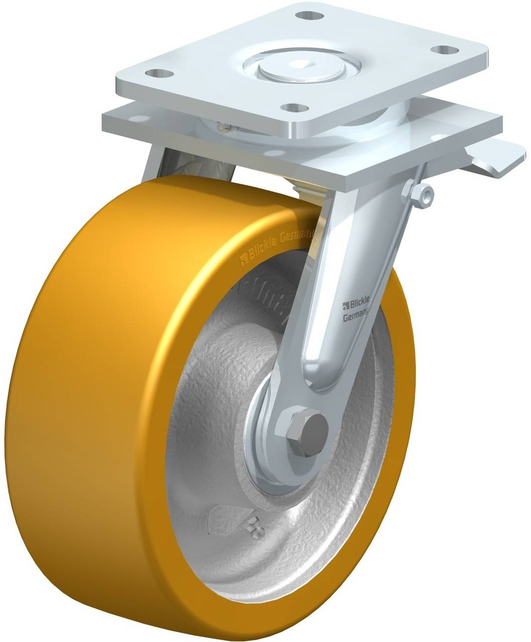 Industrielle Lenkrolle mit gelber Gummibereifung und silbernem Metallrahmen, geeignet für den Einsatz in Produktionsanlagen.