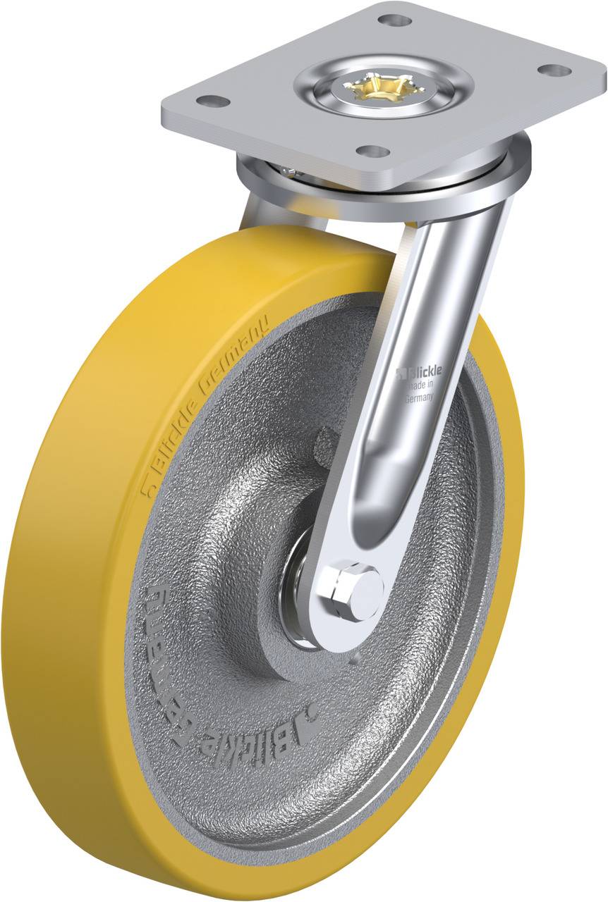 Industrielles Lenkrollenrad mit gelbem Gummireifen und silbernem Metallgehäuse, für schwere Lasten geeignet.