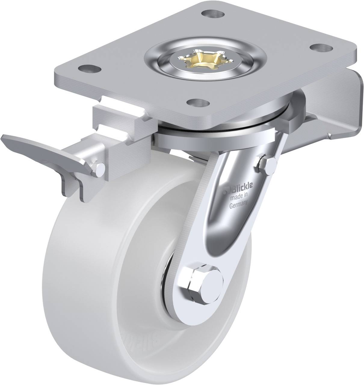 Schwenkrolle mit weißem Rad, Metallgehäuse und Befestigungsplatte, geeignet für Möbel oder Geräte, mit Dreh- und Feststellmechanismus.