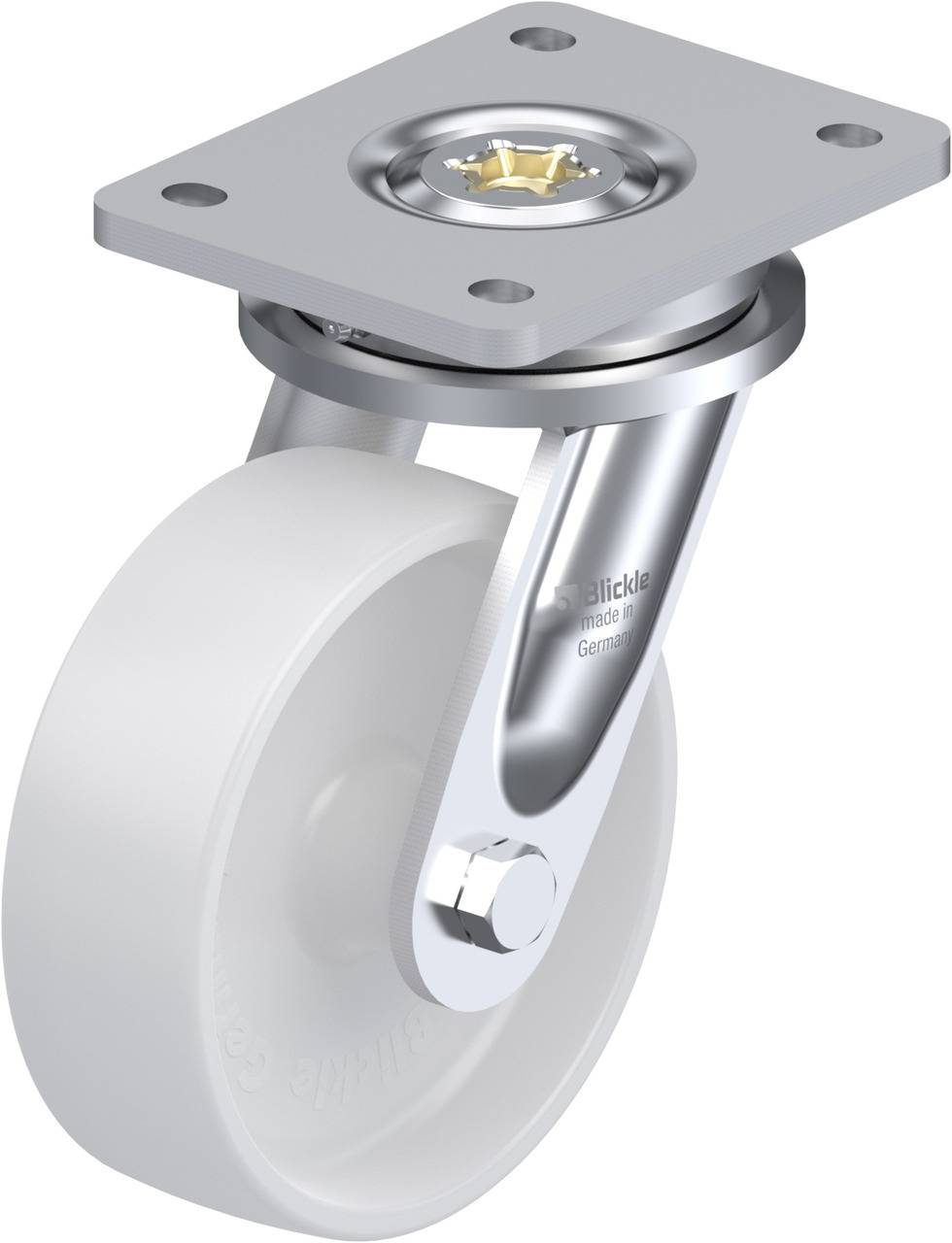 Lenkrolle mit weißem Rad und grauer Metallhalterung, geeignet für Möbel oder Transportgeräte.