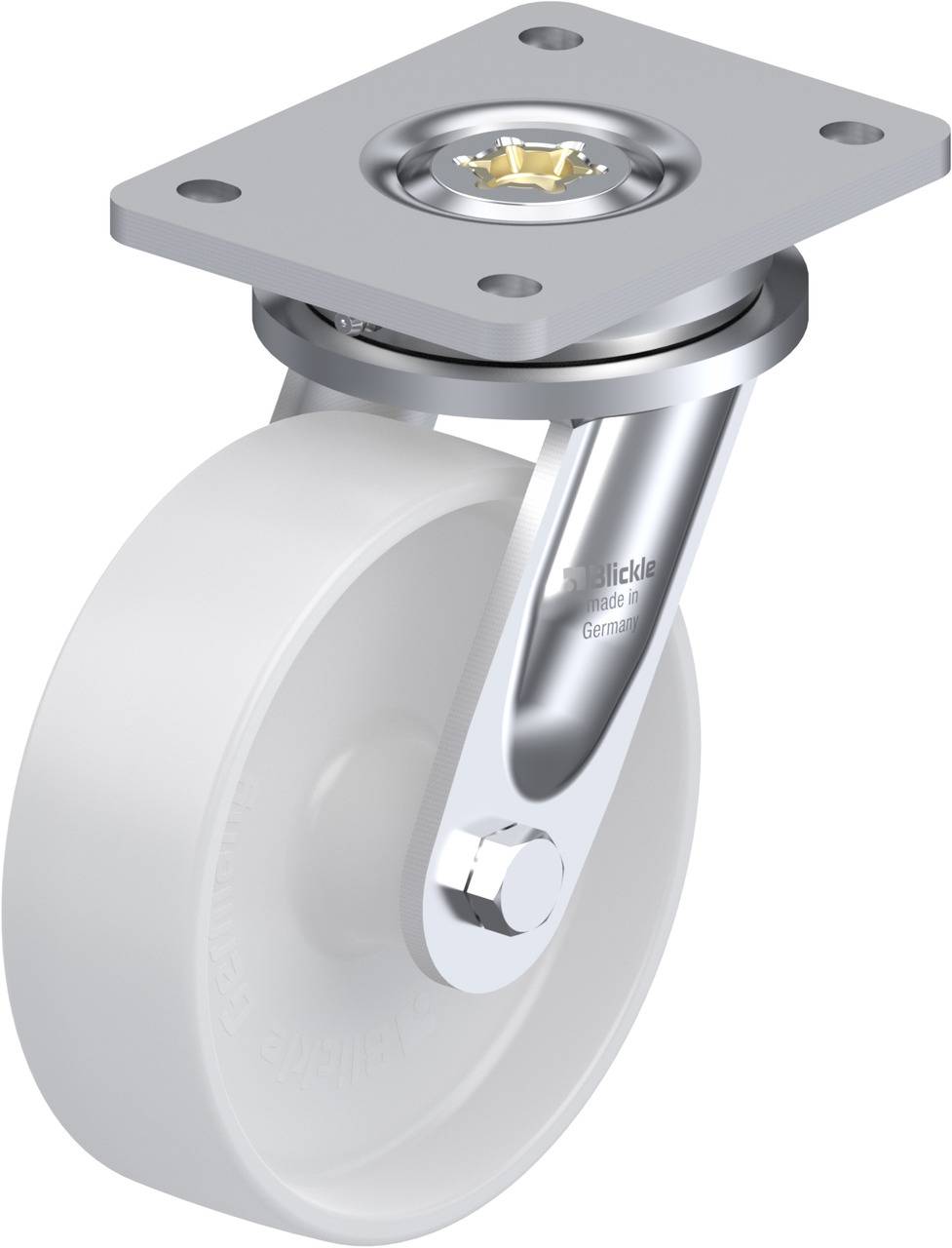 Das Bild zeigt eine graue Schwerlastrolle mit Befestigungsplatte. Die Rolle hat ein schlichtes Industrie-Design und ist robust konstruiert.