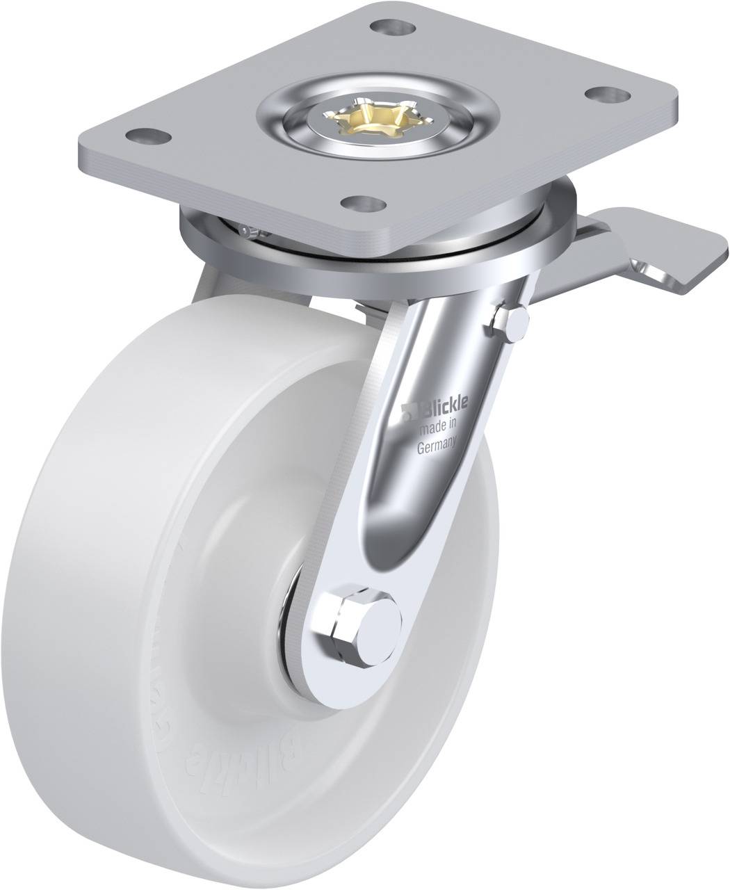 Metallisches Lenkrollenrad mit weißem Rad, Befestigungsplatte und integrierter Befestigungsbremse, geeignet für Möbel oder Geräte.