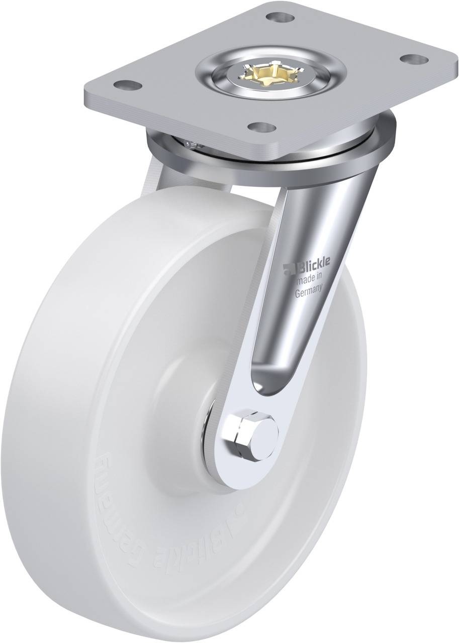 Weiße Lenkrolle mit Metallhalterung, geeignet für vielfältige Einsatzbereiche in der Industrie, Marke 'Blickle', Made in Germany.