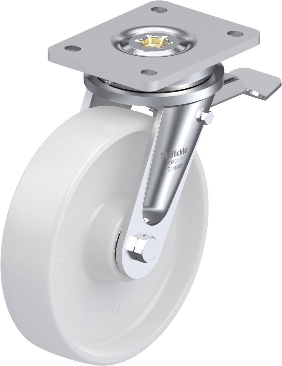 Industrielle Laufrolle mit weißem Rad und silberner Metallhalterung, geeignet für Möbel- oder Transportgeräte.
