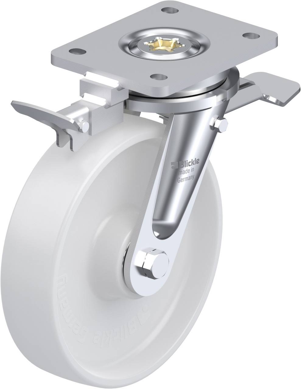 Schwenkrolle mit weißem Rad und Metallhalterung, seitliche Bremse sichtbar, geeignet für Möbel- oder Industrieanwendungen.