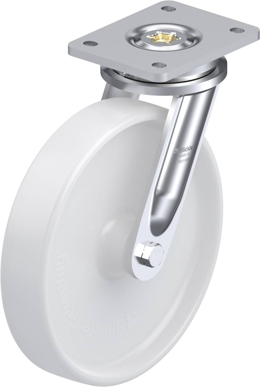 Laufrolle mit weißem Rad und silberner Halterung; für Möbel oder Transportwagen geeignet.